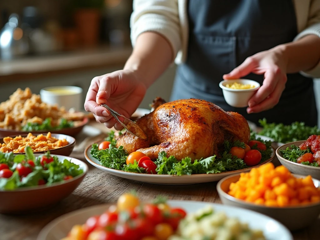 Preparing and arranging dishes for a Thanksgiving feast