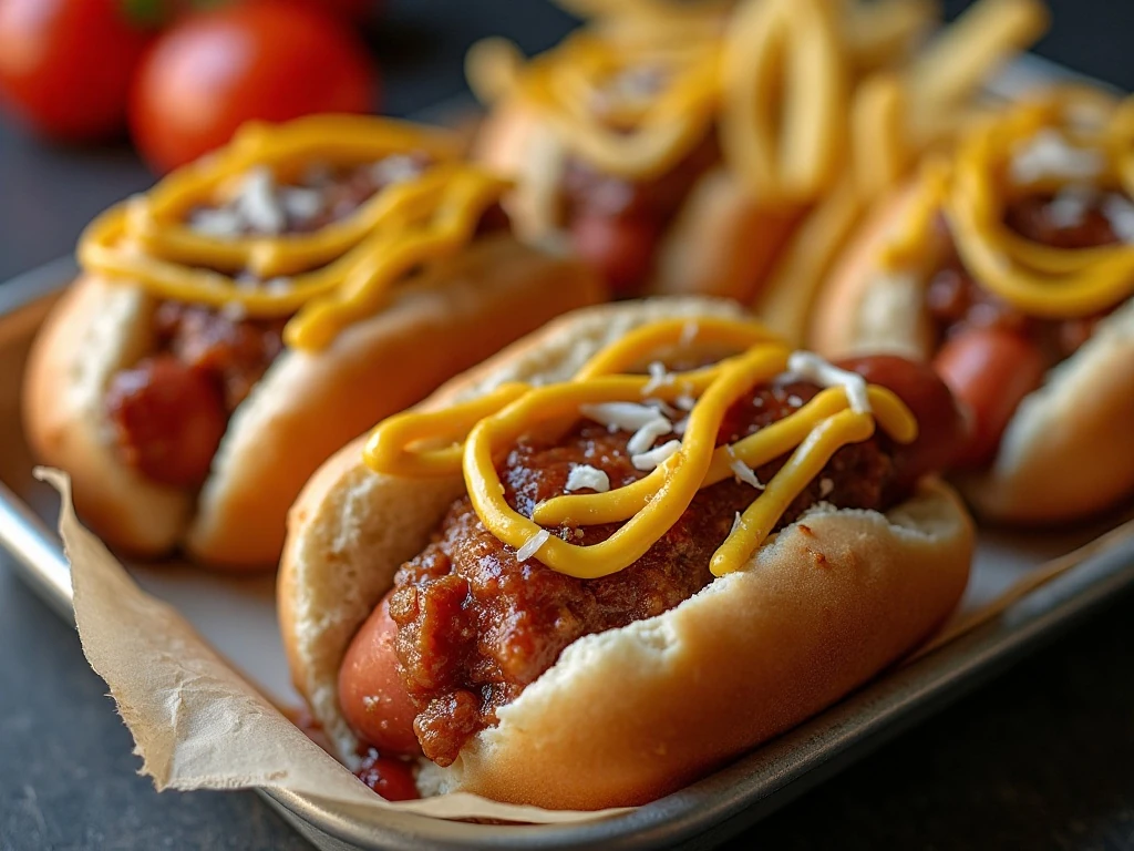 Classic Coney Island hot dogs with beanless beef sauce, mustard, and onion