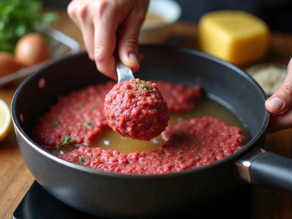 Mashing ground beef finely for smooth Coney Island sauce