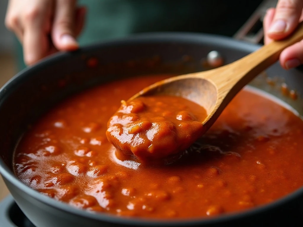 Smooth finely textured beef Coney sauce simmering in a saucepan