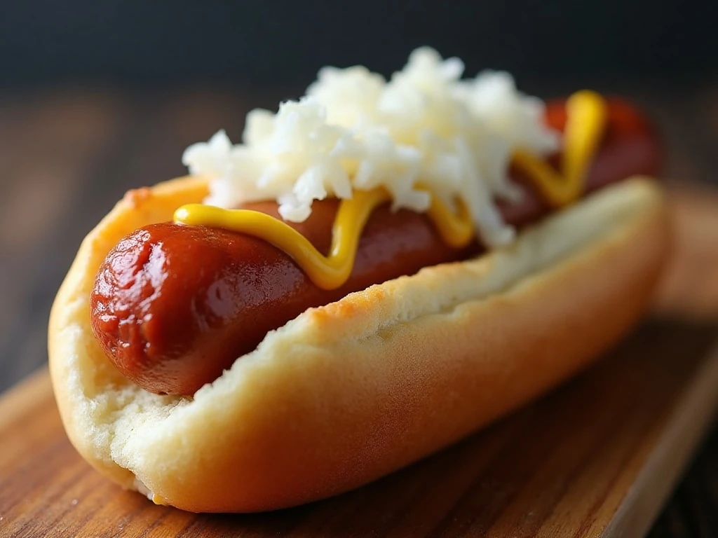 Coney Island hot dog topped with mustard beef sauce and raw onion