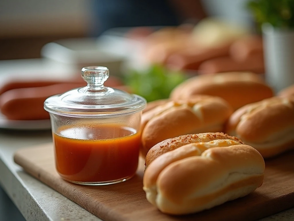 Prepared Coney sauce stored for reheating with hot dogs and buns