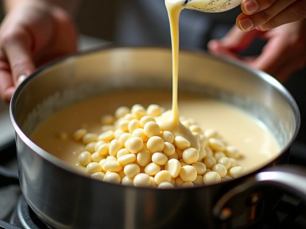 Melting white chocolate and condensed milk for cookie dough fudge