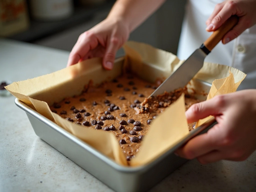 Pressing cookie dough fudge into a parchment-lined square pan