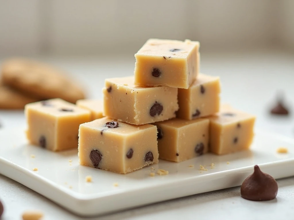 Small squares of finished cookie dough fudge on a platter