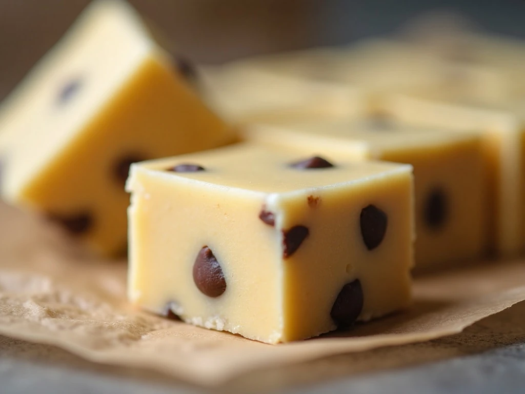 Close-up of cookie dough fudge showing its creamy texture and chocolate chips