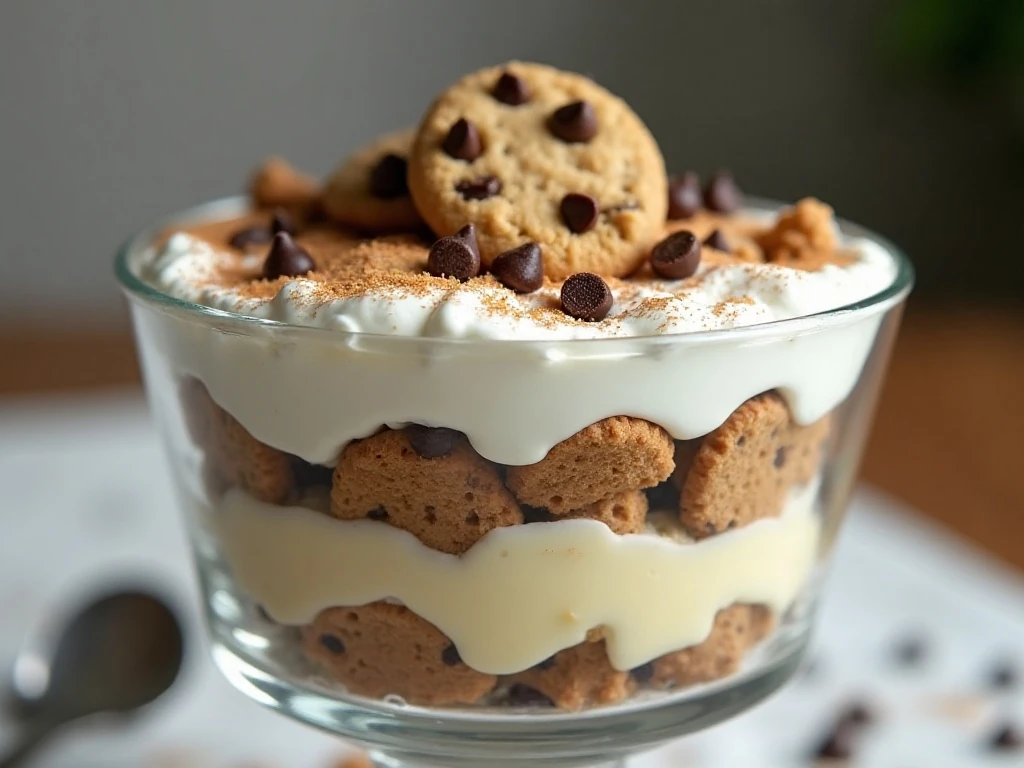 Finished cookie dough trifle in a clear glass bowl with visible creamy layers