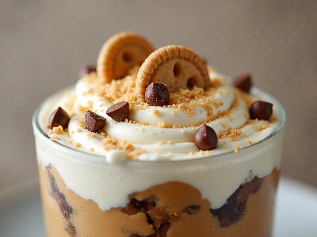 Chocolate chips and cookie dough pieces garnishing a trifle
