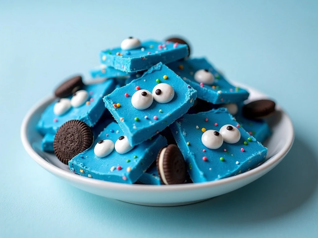 Pieces of colorful Cookie Monster candy bark arranged on a dessert plate