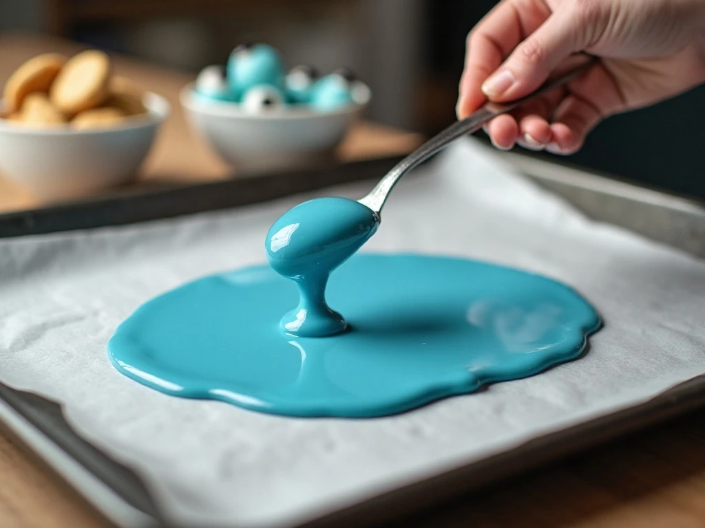 Spreading melted blue candy coating for Cookie Monster bark