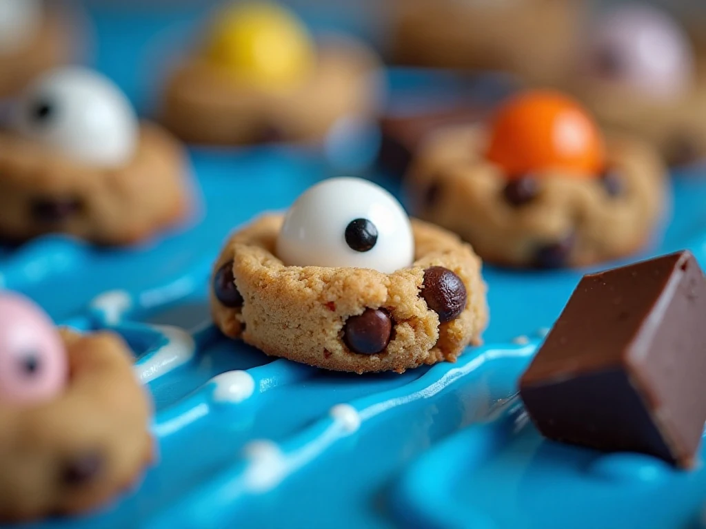 Candy eyes and cookie pieces on blue candy bark