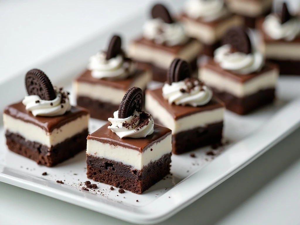 Layered no-bake cookies and cream dessert squares on a serving platter