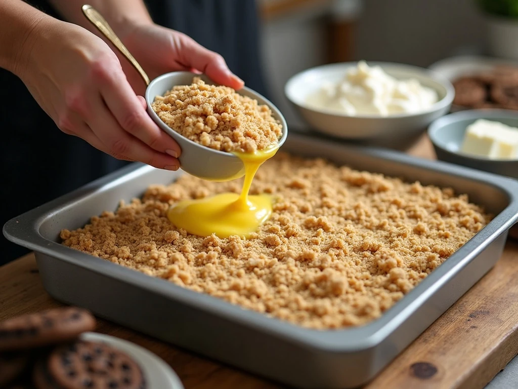Preparing the cookie crumb crust for no-bake dessert