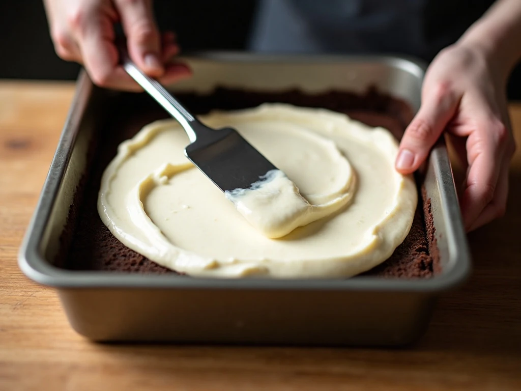 Spreading the cream cheese layer over a chilled cookie crust