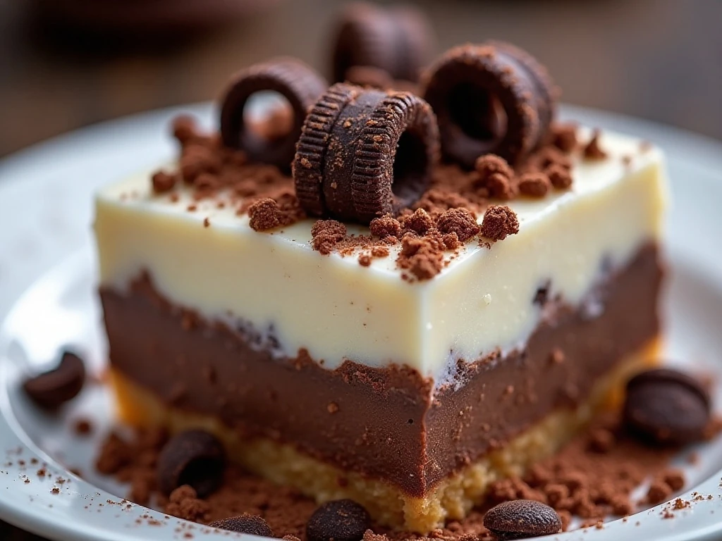 Cookies and cream dessert topped with crushed cookies and chocolate curls