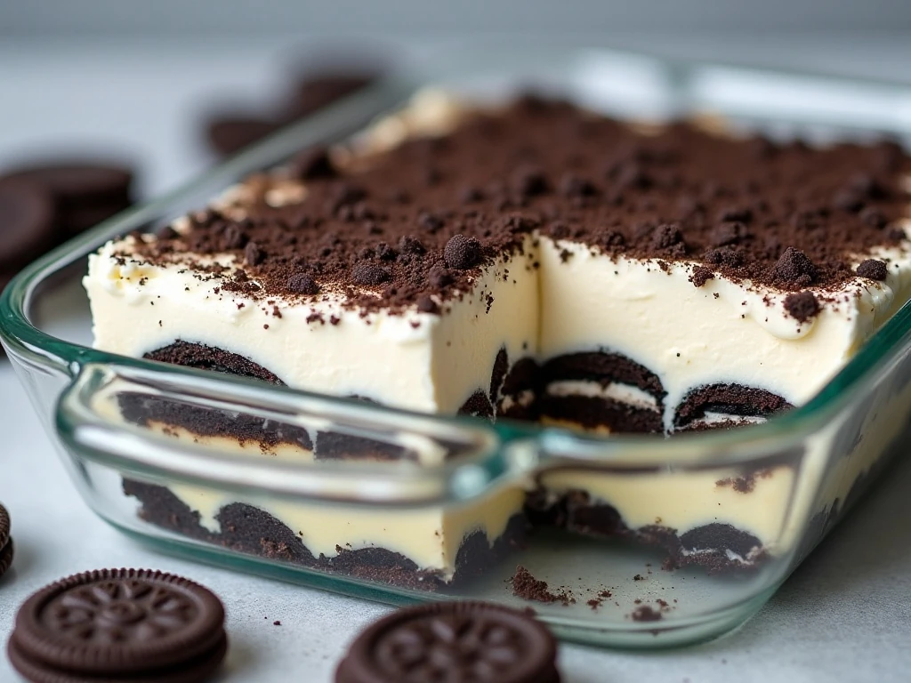 Make-ahead no-bake cookies and cream dessert stored in a baking dish