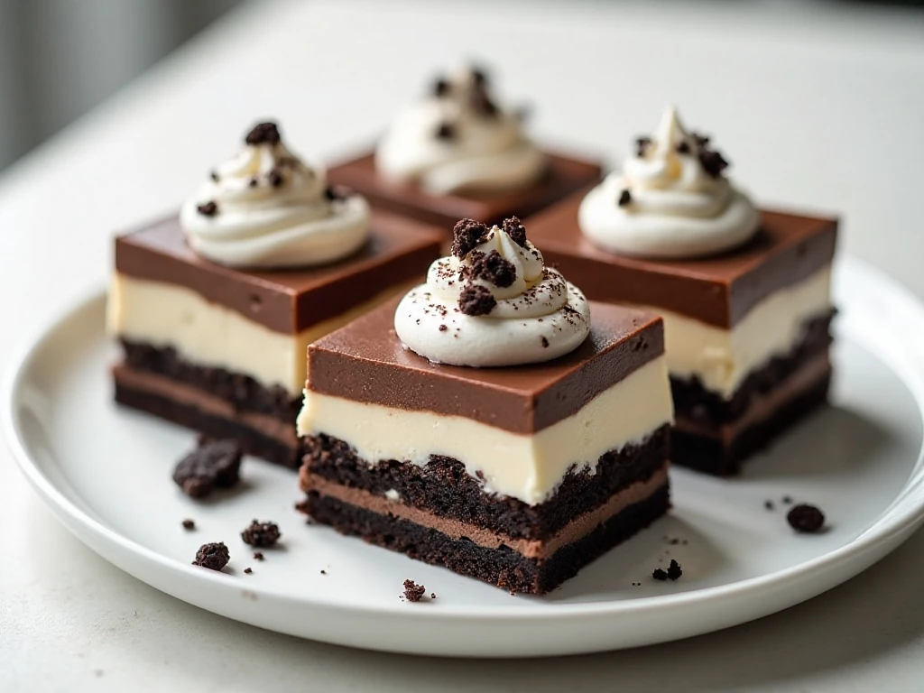 Squares of creamy cookies and cream lush showing four distinct dessert layers