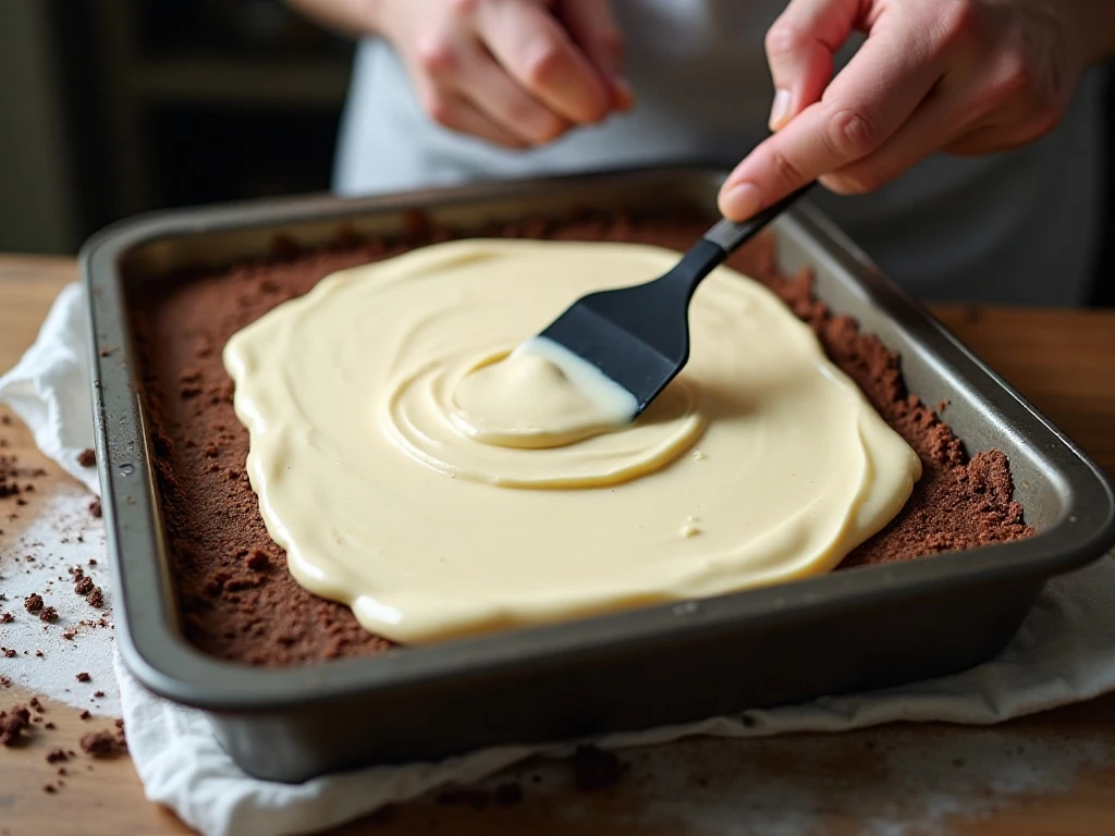 Cream-cheese layer being spread over the chocolate cookie crust