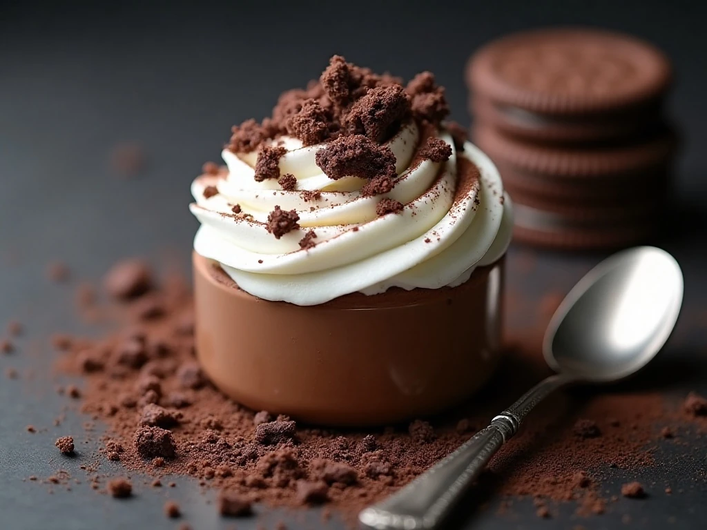 Close-up of smooth pudding and whipped topping layers with cookie garnish