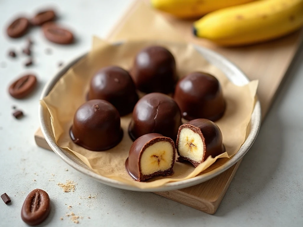 Chocolate-covered frozen banana bites arranged on a plate