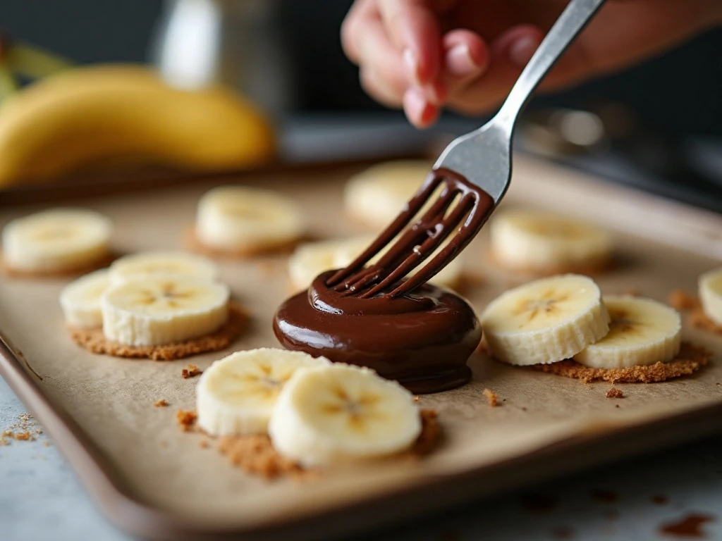 Dipping frozen banana slices into melted chocolate