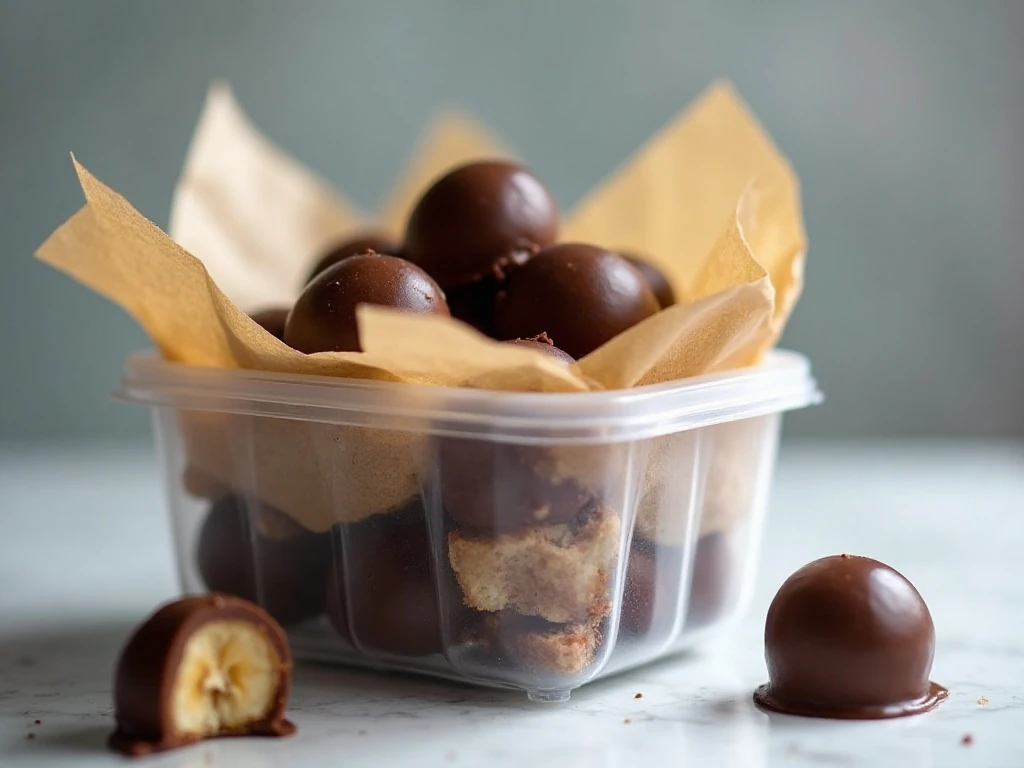 Frozen chocolate-covered banana bites stored with parchment paper