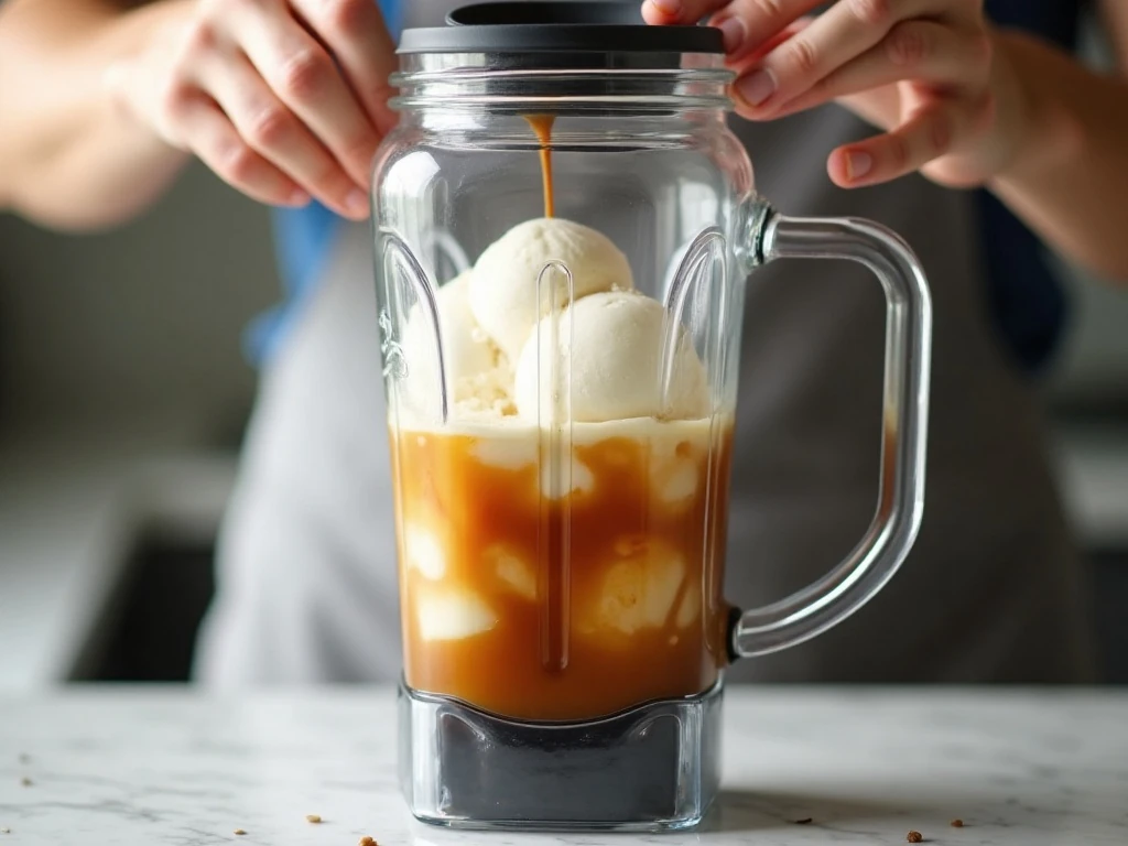 Blending cold brew vanilla ice cream and ice for frosted coffee