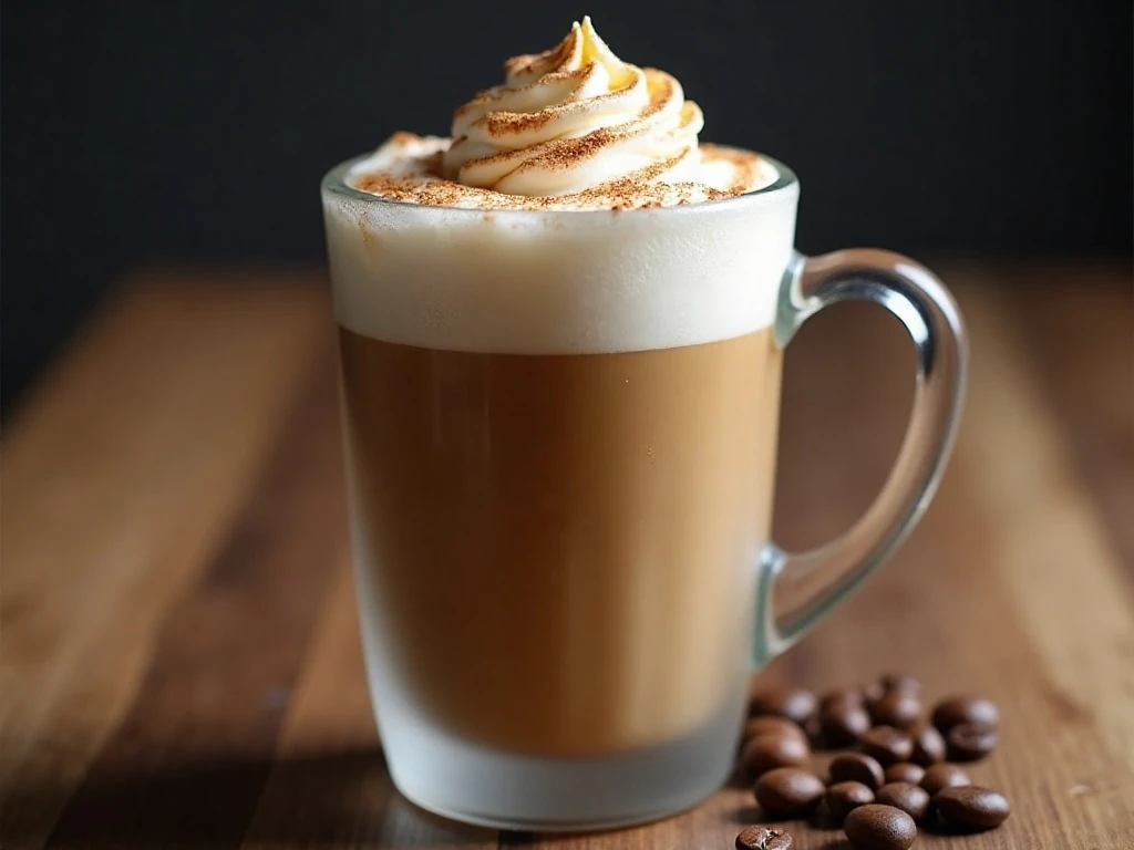 Whipped cream topped frosted coffee with creamy thick texture