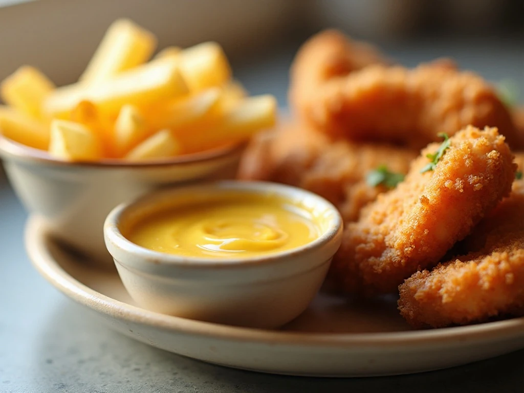 Copycat Chick-fil-A sauce served with chicken tenders and waffle fries