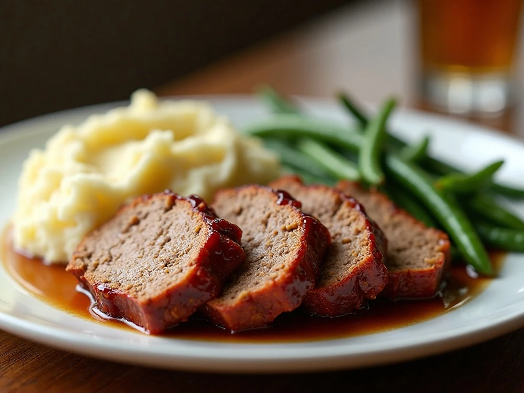 Slices of copycat Cracker Barrel meatloaf served with mashed potatoes and green beans