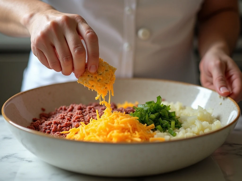 Mixing the meatloaf ingredients in a large bowl