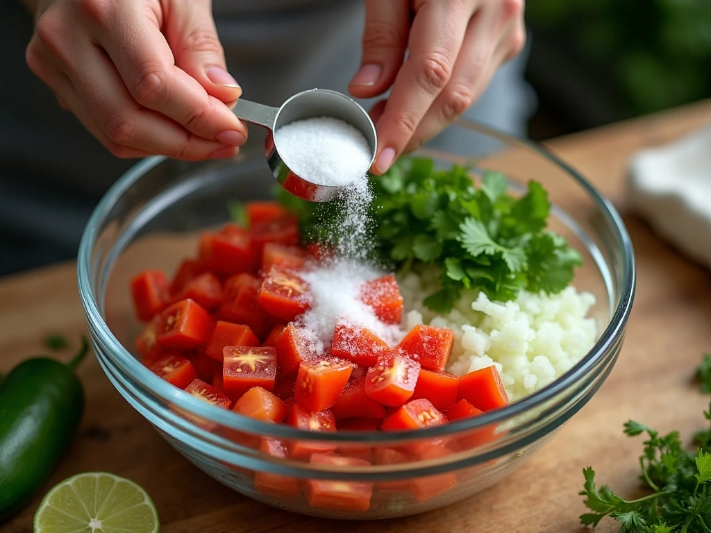 Fresh salsa ingredients being mixed in a bowl