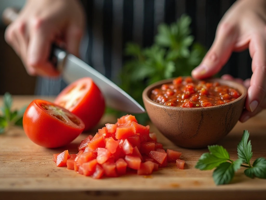 Seeded Roma tomatoes prepared for thick salsa