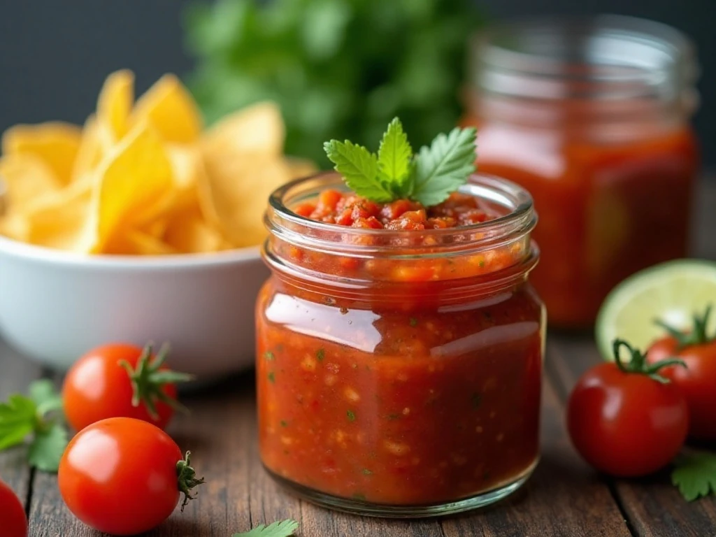 Stored homemade fresh tomato salsa ready to serve