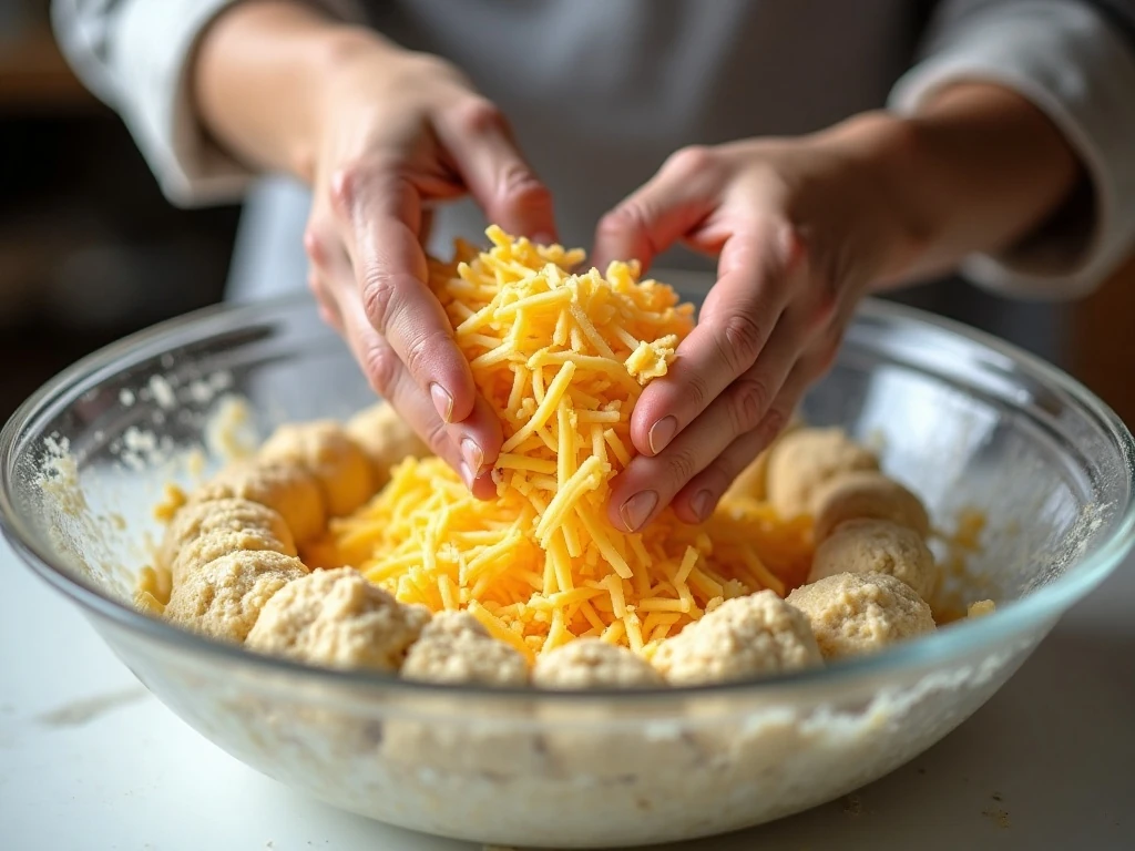 Mixing cheddar biscuit dough before baking