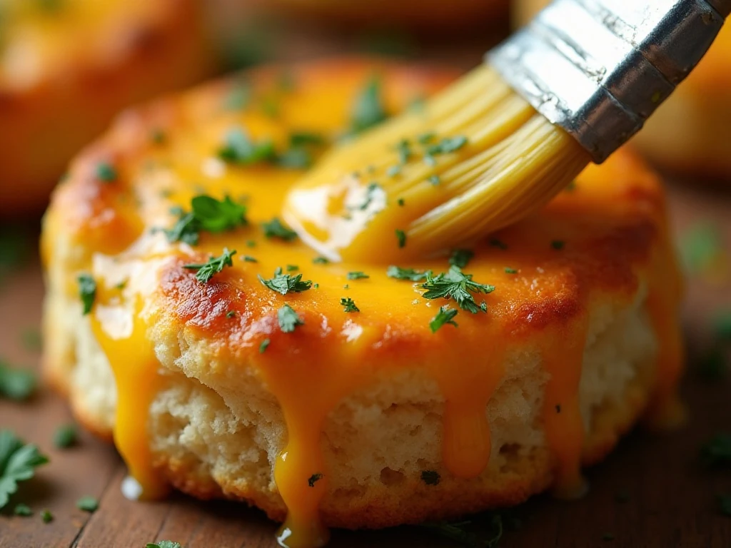 Garlic butter brushed over a hot cheddar biscuit