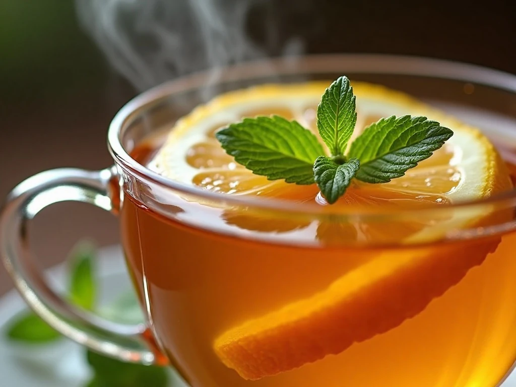Honey and mint garnish added to citrus peach tea