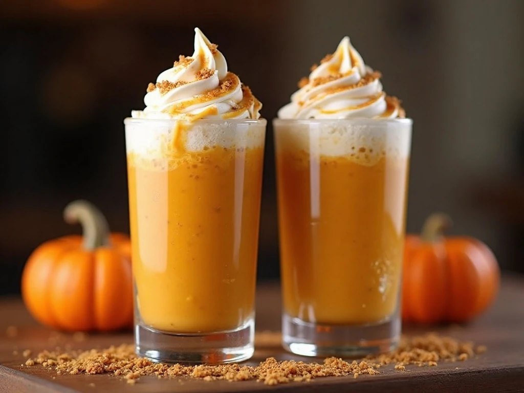 Two creamy pumpkin cheesecake frappuccinos topped with whipped cream and graham-cracker crumbs