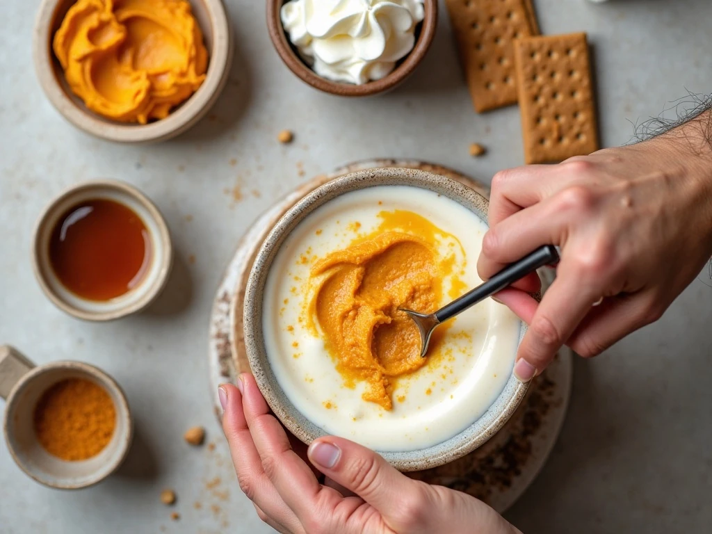Ingredients for a copycat pumpkin cheesecake frappuccino arranged for blending