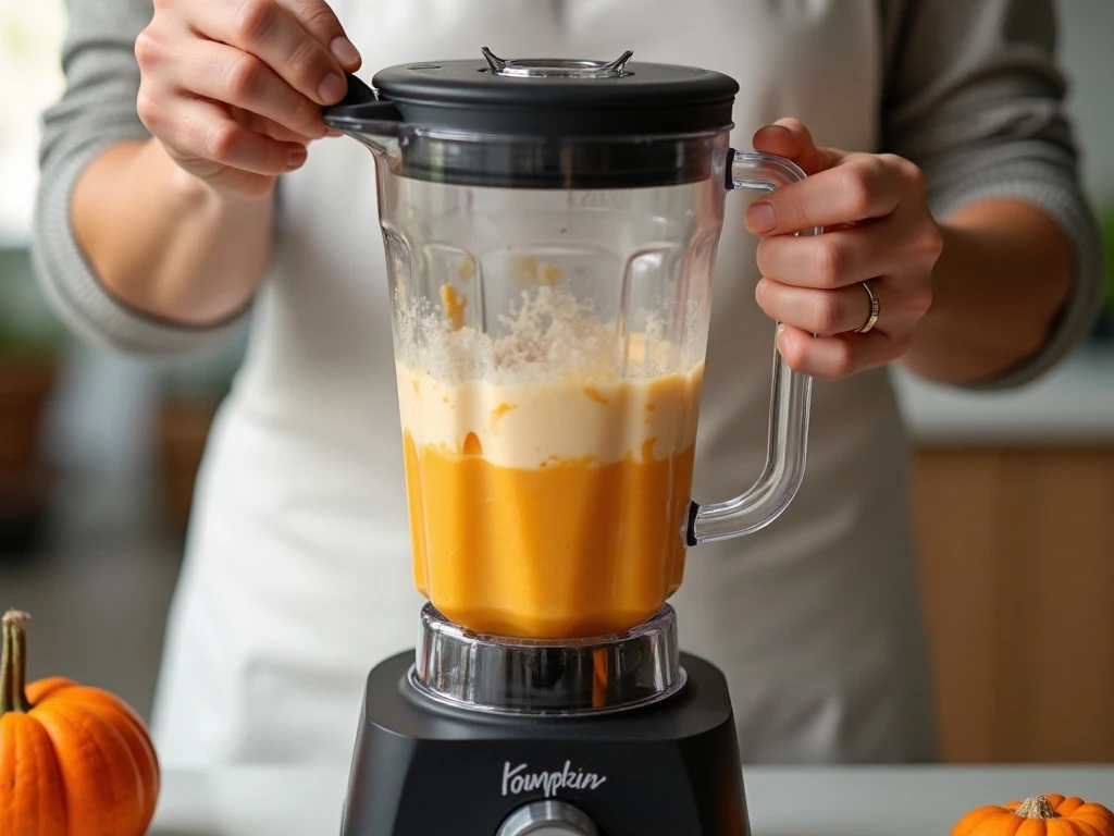 Pumpkin cheesecake frappuccino mixture blending in a countertop blender