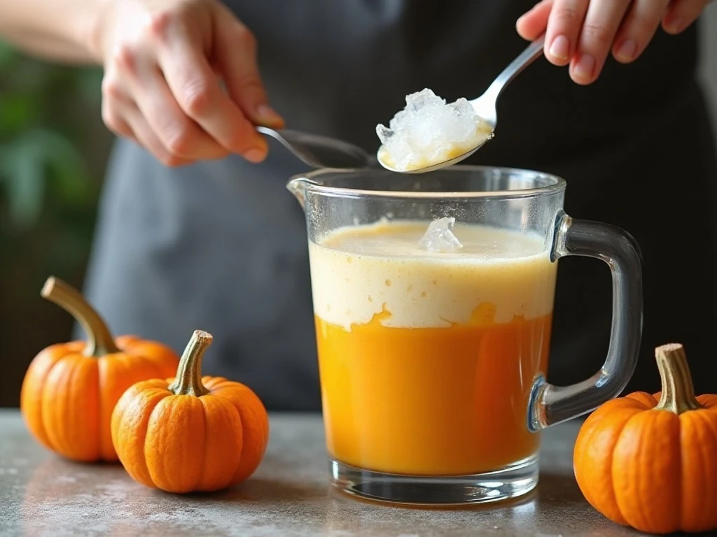 Adding ice to the smooth pumpkin frappuccino mixture for a thick texture