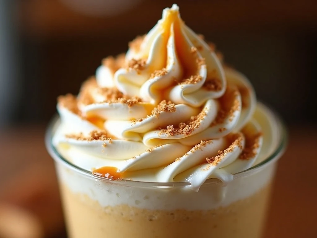 Close-up of graham crumbs and caramel garnishing a pumpkin cheesecake frappuccino