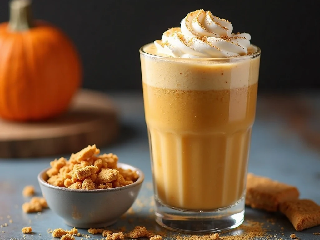 Freshly served pumpkin cheesecake frappuccino with toppings ready to enjoy
