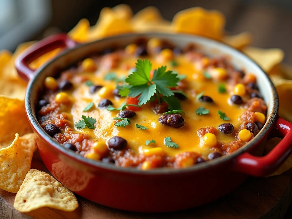 Warm corn and black bean dip served with tortilla chips