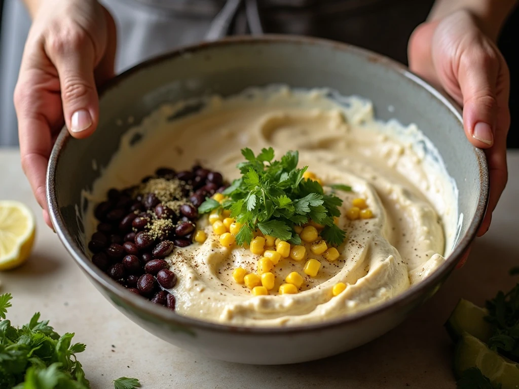 Mixing the creamy corn and black bean dip ingredients