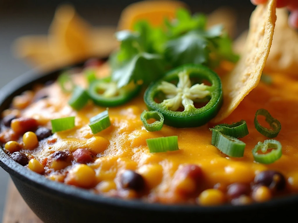 Cheesy corn and black bean dip topped with cilantro and green onions