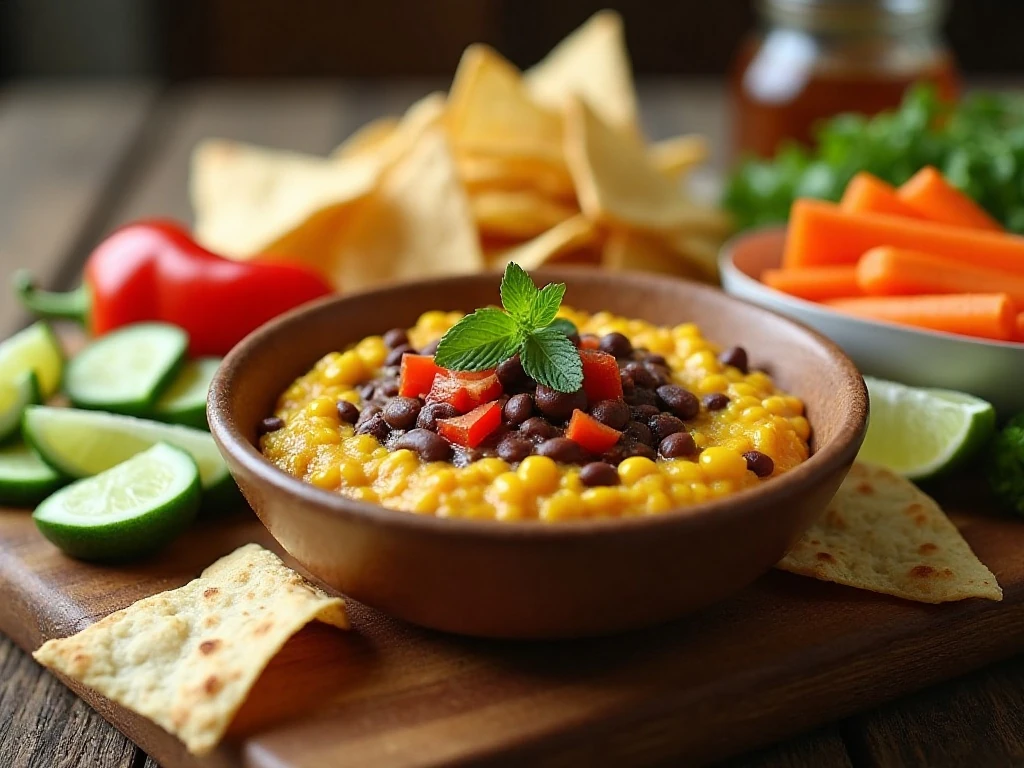 Corn and black bean dip with chips and fresh vegetable dippers