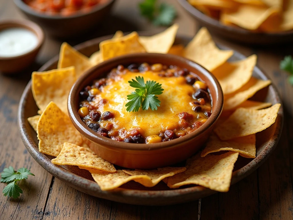 Hot corn and black bean dip served with tortilla chips