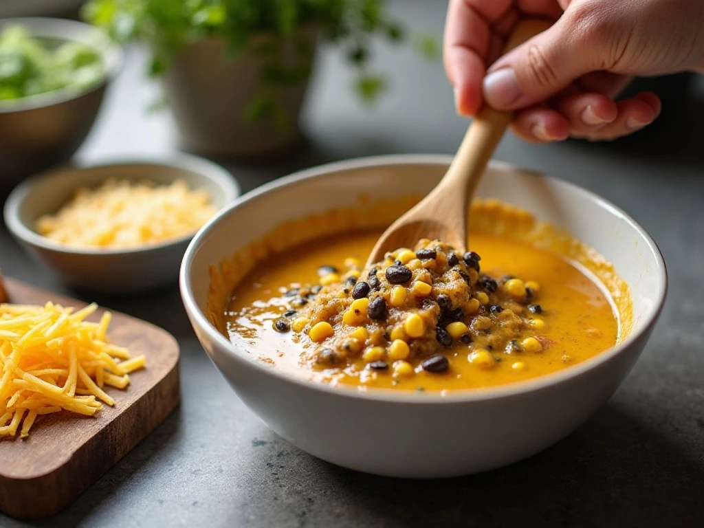 Mixing ingredients for corn and black bean dip