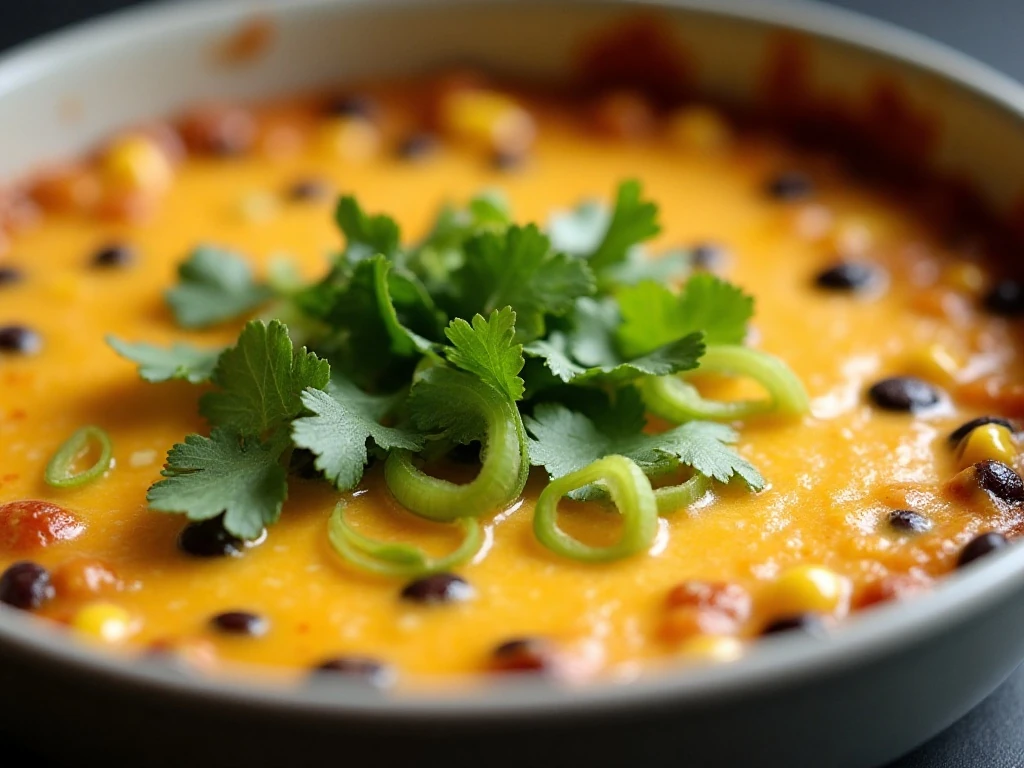 Cheesy corn and black bean dip topped with cilantro and green onion